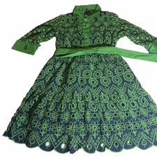 Gretchen Scott Dress Women's Large Little Bo Peep Green Blue Lace Cut Out Lined