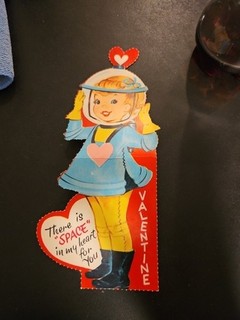 Vintage Valentine Card Astronaut Girl Moon Atomic Energy