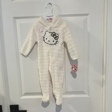 HELLO KITTY Sanrio Baby Long Sleeve Cream Soft Footie with Hood Bow Size 9M NEW