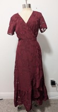 Lulus Burgundy Floral Jacquard Wrap Midi Dress Sz M Wedding Asymmetrical Sheer 
