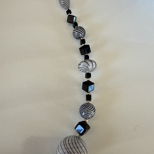 Unique 22 inch Hand Blown Glass Murano Necklace Black, White & Silver Artisan - Picture 5 of 16