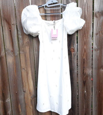 LalaCat Elegant Cocktail Party Dress Pearl Clusters , Puff Sleeve Ivory L NWT