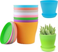 Set of 10 Multicolour Plant Pots with Drainage Holes and Saucers – 10x10x8 cm