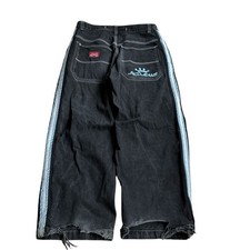 VTG JNCO Black Tribal Crown Reflective Stripes Baggy Jeans 36x32 Y2K Skater Rave