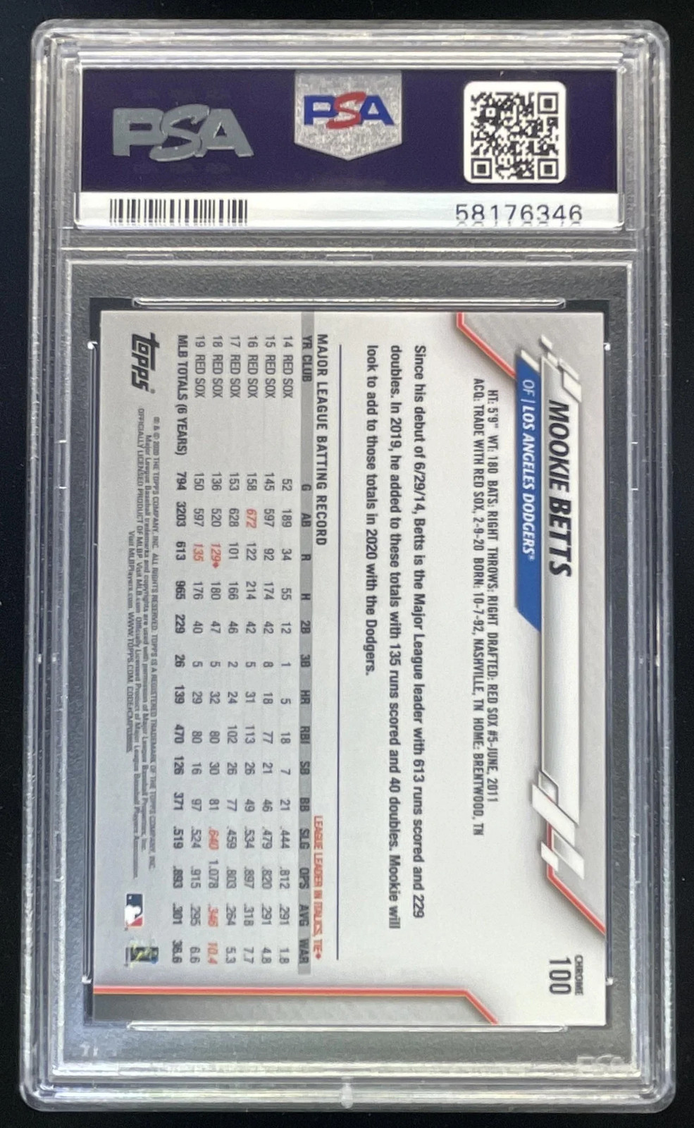 2020 Topps Chrome Prism Refractor #100 Mookie Betts PSA 10 view 2