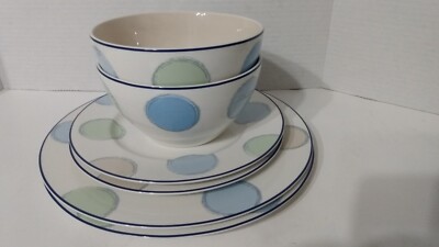 6  Noritake Ambience Java Blue Sri Lanka  Polka Dot Dinner/ Salad Plates & Bowls