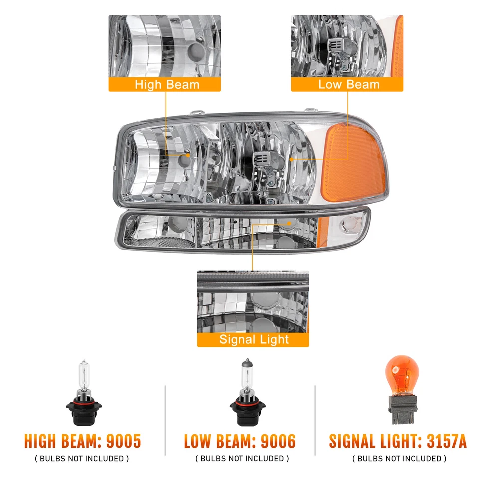 For 1999-2007 GMC Sierra 00-06 Yukon 4Pcs Chrome Headlights+Bumper Signal Lamps - Image 2 of 4