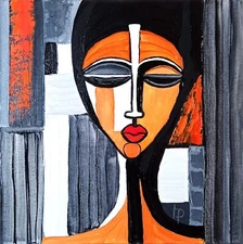 Abstract Woman Face Figurative Art Original Hand Made Oil Artwork 12x12" Cubism