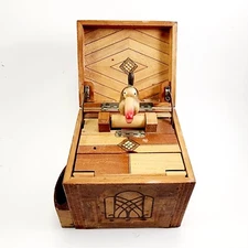 Vintage Wood Cigarette Dispenser Holder Mechanical Bird Action Inlaid Wood MCM