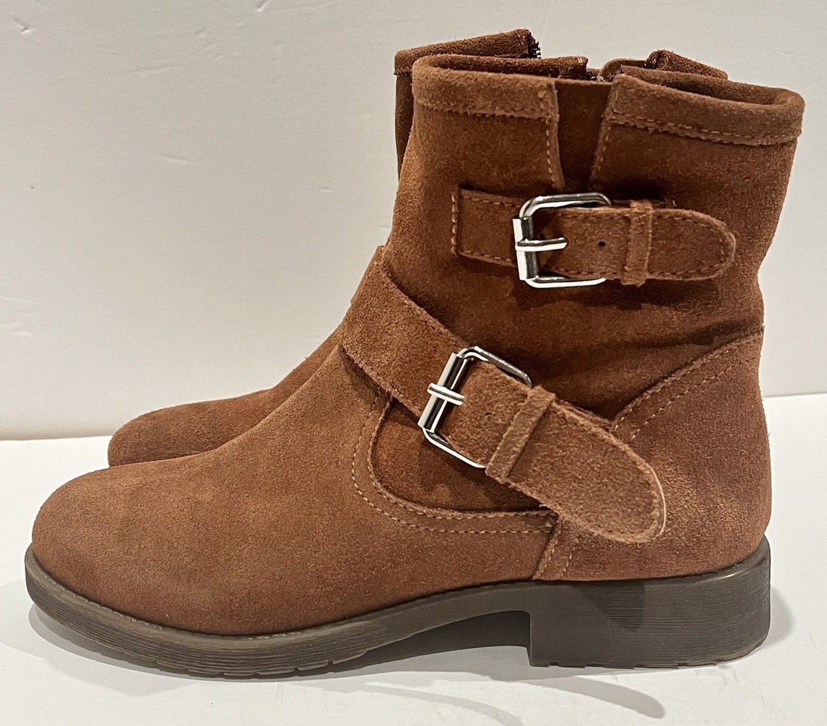 Steve Madden Alick Side Zip Buckle Ankle Nubuck Booties Shoes Size Brown