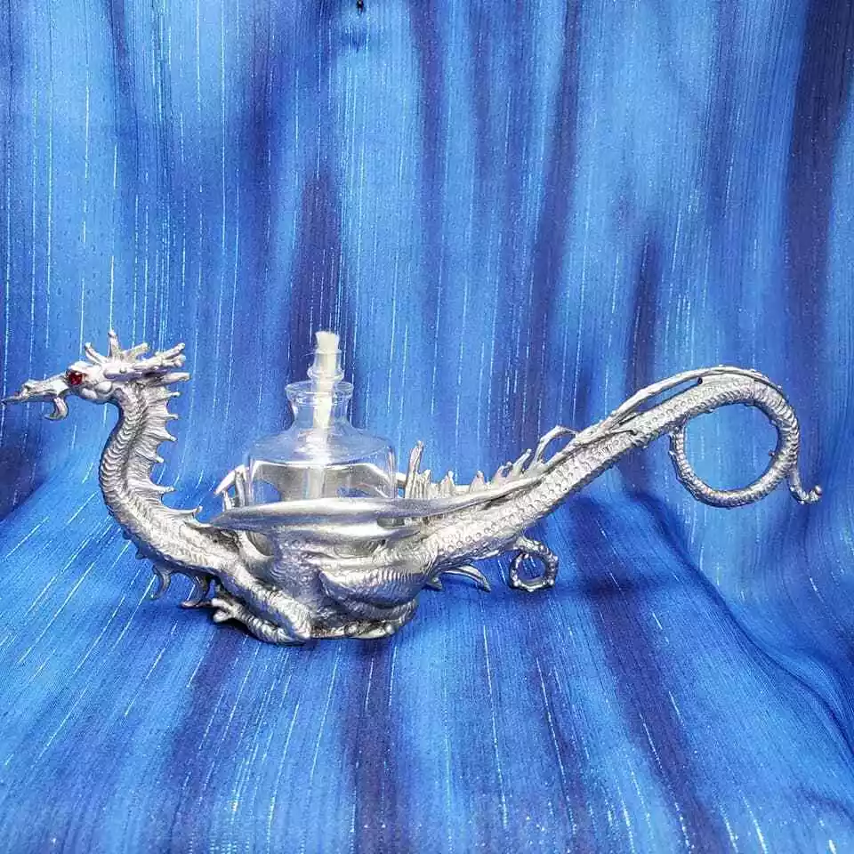 Large Dragon Bedroom Chamber Oil Lamp Pewter US Made Rawcliffe John Dennett NEW