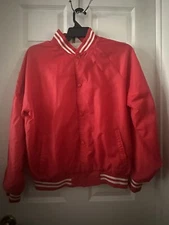 Classics Red Satin Baseball/Bomber Jacket; Large; Lined; Striped Bands; Pockets