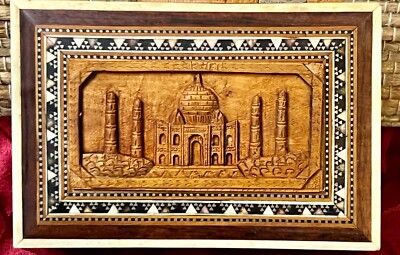 Antique Rare Wooden Beautiful Hand Carved Taj Mahal On Lid Jewelry/Trinket Box