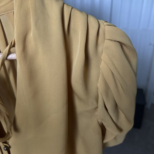 Cynthia Steffe Mustard Yellow Blouse, Button Up, Tie Neck, Pleated Sleeves, 2 - Picture 9 of 9