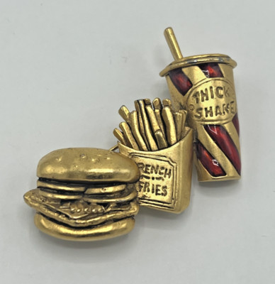 Hamburger, French Fries & Milk Shake Gold Tone Danecraft Brooch , Pop Art Pin