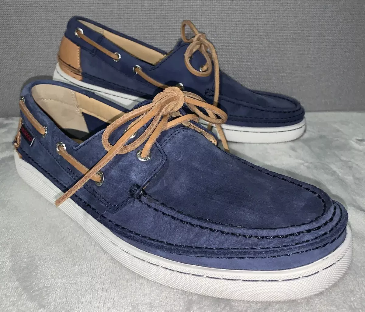 Sebago Ryde Two Eye Boat Shoe Suede Navy Tan Mens Size 8.5 Great