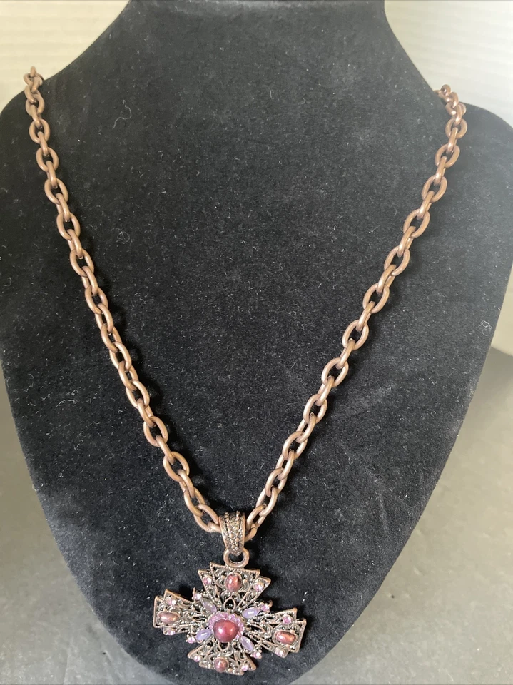 "Collar Cookie Lee púrpura rosa imitación perlas cristales cruz colgante 36""" Foto 4 de 4