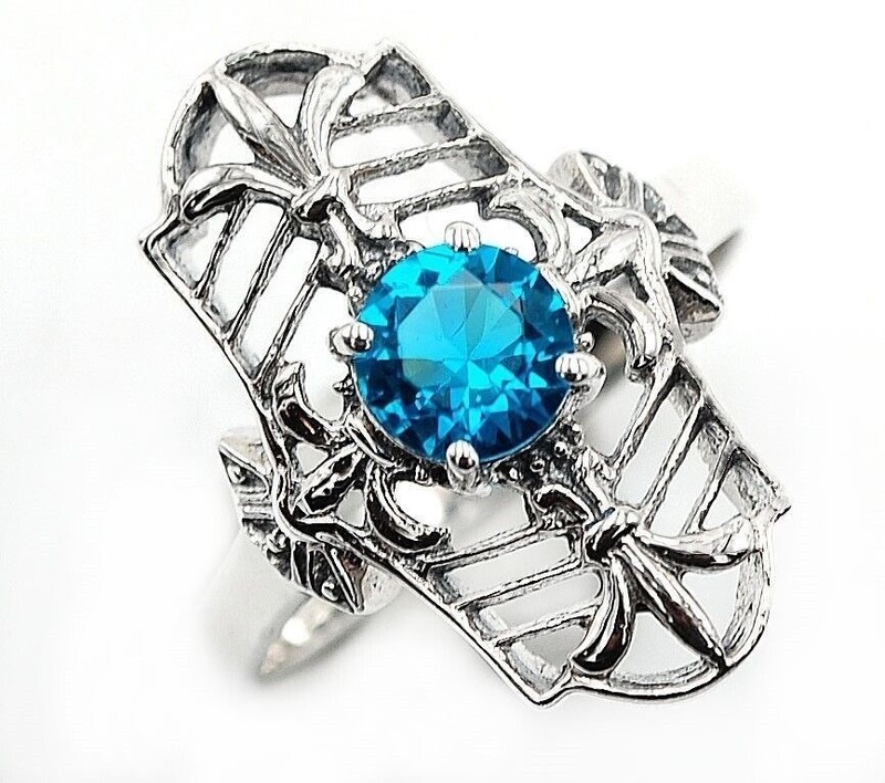 1CT Heat Treated Blue Topaz 925 Sterling Silver Deco Ring Jewelry Sz 7 Z6-1