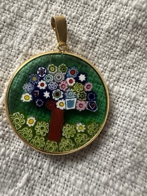 18K Gold runder Anhänger mit Murano Millefiori Glas Lebensbaum - aus Italien