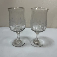 Arby's Frosted Winter Scene Wine Glasses Goblets w/ Gold Rim - Set of 2