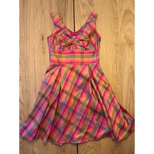 Coldwater Creek Silk Plaid Dress Pink Orange V-Neck Fit Flare Sleeveless Sz 6