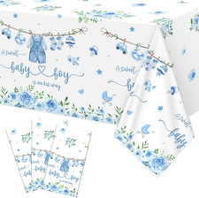 3Pcs Blue Baby Boy Baby Shower Plastic Tablecloth, 54 X 108 Inch Greenery a Swee