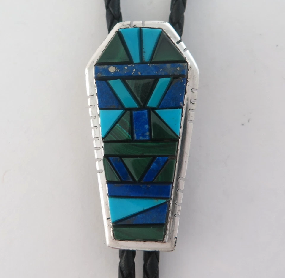 Gravata bolo sudoeste prata esterlina de alta qualidade com várias pedras em mosaico embutido - Imagem 3 de 4