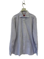ISAIA Napoli Men's Dress Shirt 41 / 16 – L  Blue Check Pattern 100% Cotton #C13