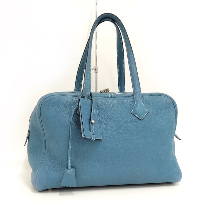 HERMES Victoria 35 Blue Jean Leather Handbag with K Engraving 319770