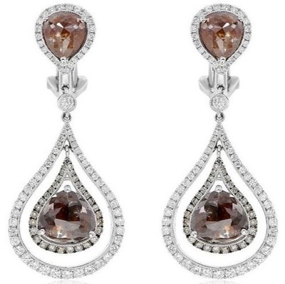 LARGE 9.94CT WHITE & MOCHA DIAMOND 18KT WHITE GOLD 3D TEAR DROP HANGING EARRINGS