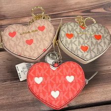 Michael Kors Jet Set Lady Small Printed MK Logo Heart Coin Pouch Ring Fob Wallet