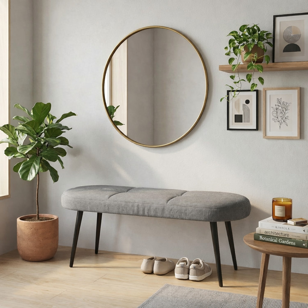 Shoe Bench Upholstered Tufted Padded Seat Metal Legs Ottoman Grey Footstool