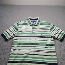 Tommy Hilfiger Polo Shirt Mens Medium Green Blue Striped Short Sleeve Preppy