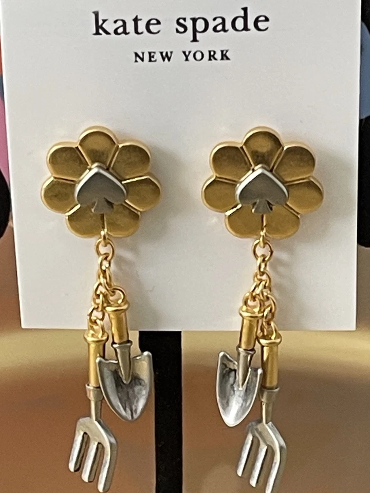 Pendientes colgantes Kate Spade GARDEN GLAM TOOLS enchapados en oro/plata mate NUEVOS + BOLSA PARA EL POLVO Foto 2 de 3