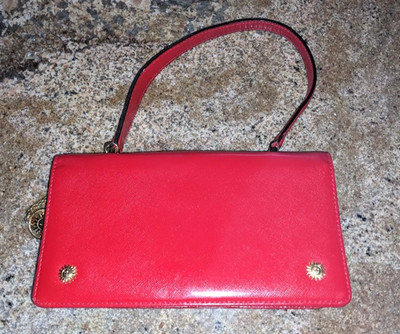 GEANNI VERSACE Italy Leather Top Handle Bag Red w gold tone sun charm pre-owned