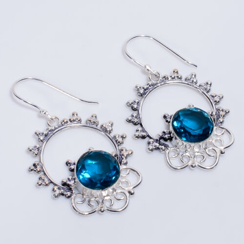 Blue Topaz Gemstone Vintage Handmade 925 Sterling Silver Earrings 2.1" c099