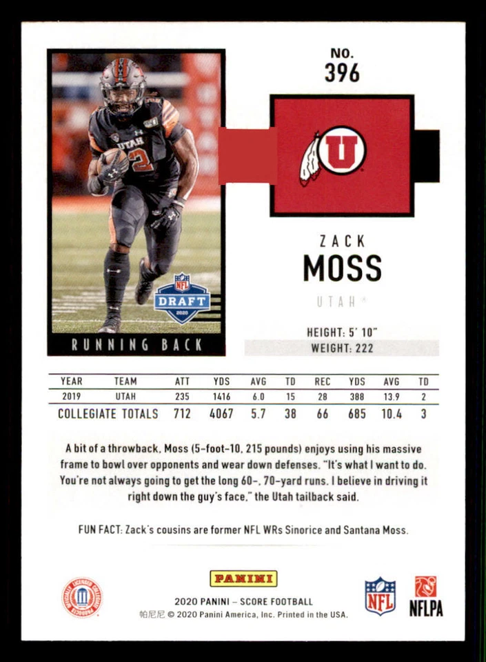 2020 Score #396 Zack Moss RC - Image 2 of 2