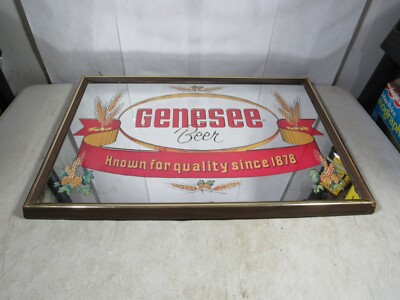 Vintage 1970s Original Genesee Beer Mirror Sign Wood Frame Paper