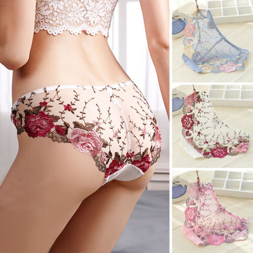 Women Lace Floral Panties Embroidery Mesh Low Rise Underwear Knickers Briefs - Afbeelding 1 van 17