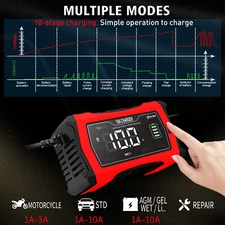 10 Amp 12V and 24V Fully-Automatic Smart Car Battery Charger, Maintainer