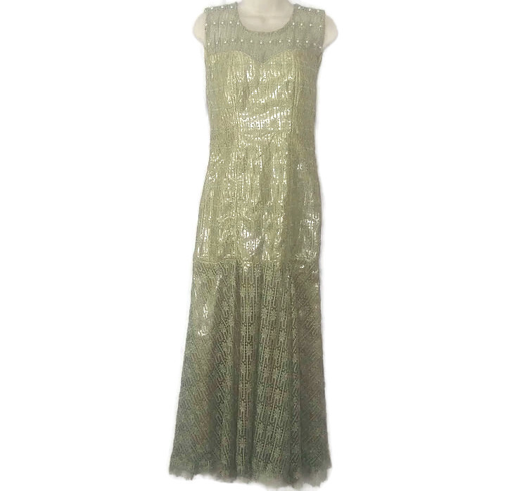 Vintage Womens Mermaid Maxi Dress Green Floral Gold Pearl Illusion Neck XS  | eBay