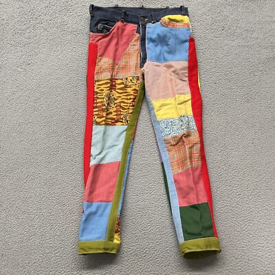 Patchwork Jeans Mens 34x30 Custom Y2K Art To Wear Slim Straight 70s Style