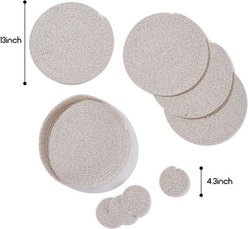 Gewebte Baumwollseil runde Tischsets Set 9-teilig Boho 13 Zoll Tischsets & 4,3 Zoll Untersetzer - Bild 13 von 48