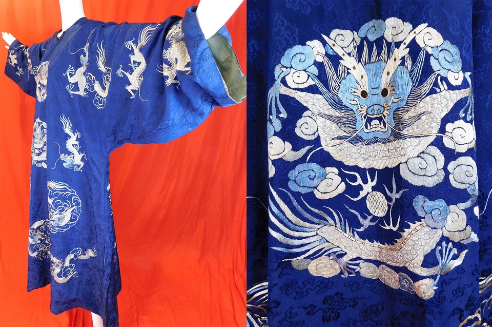 Antigua túnica china de dragón Longpao bordada brocado tejido damasco seda azul Foto 2 de 4