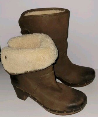 UGG brown Leather Fleece Lined Platform Pullon Midcalf Wooden Clog