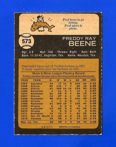 1973 OPC O-Pee-Chee BASEBALL HIGH #573 FRED BEENE NRMINT+ NEW YORK YANKEES (SB1) - Picture 2 of 2