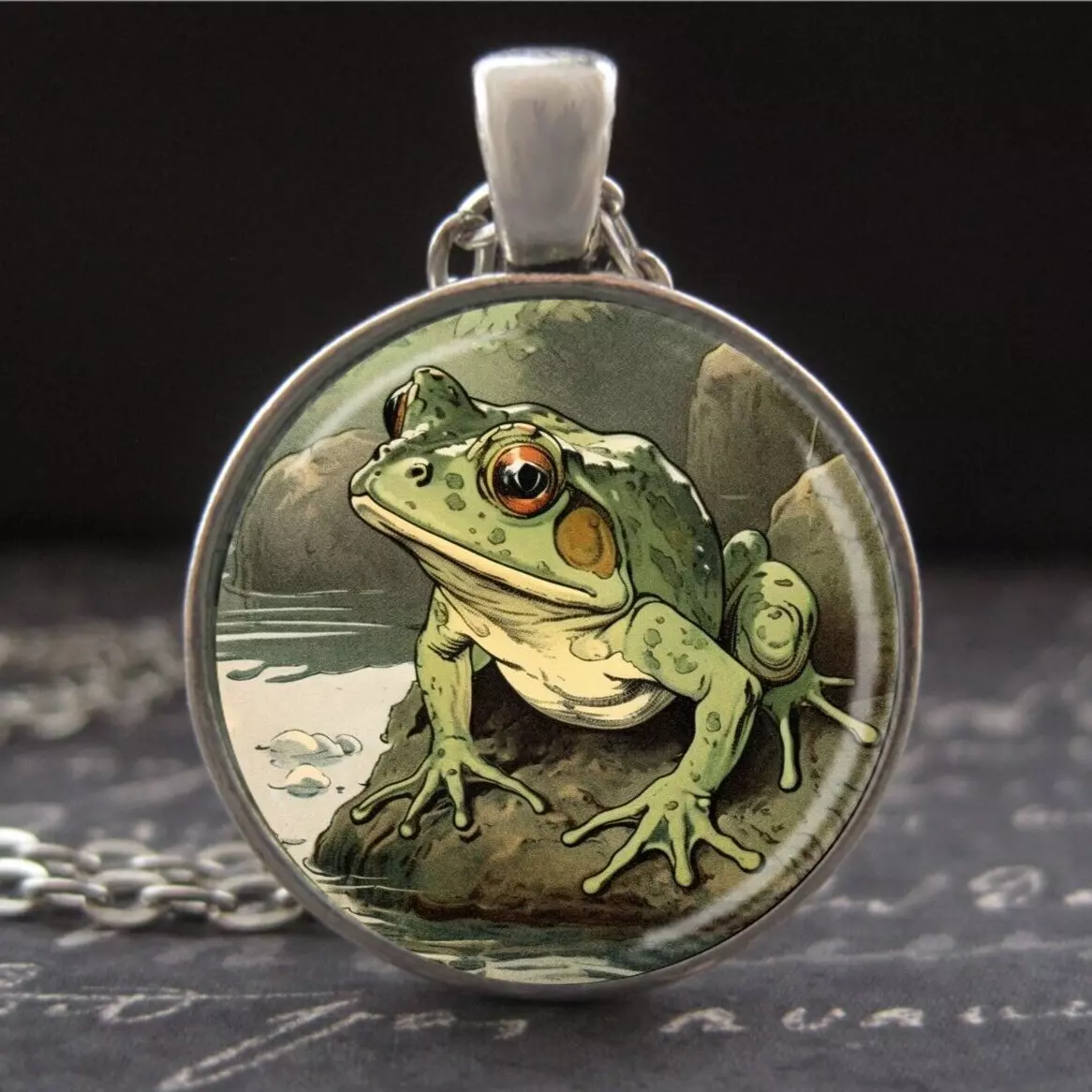 Frog Necklace Whimsical Vintage Illustration Art Pendant Handmade