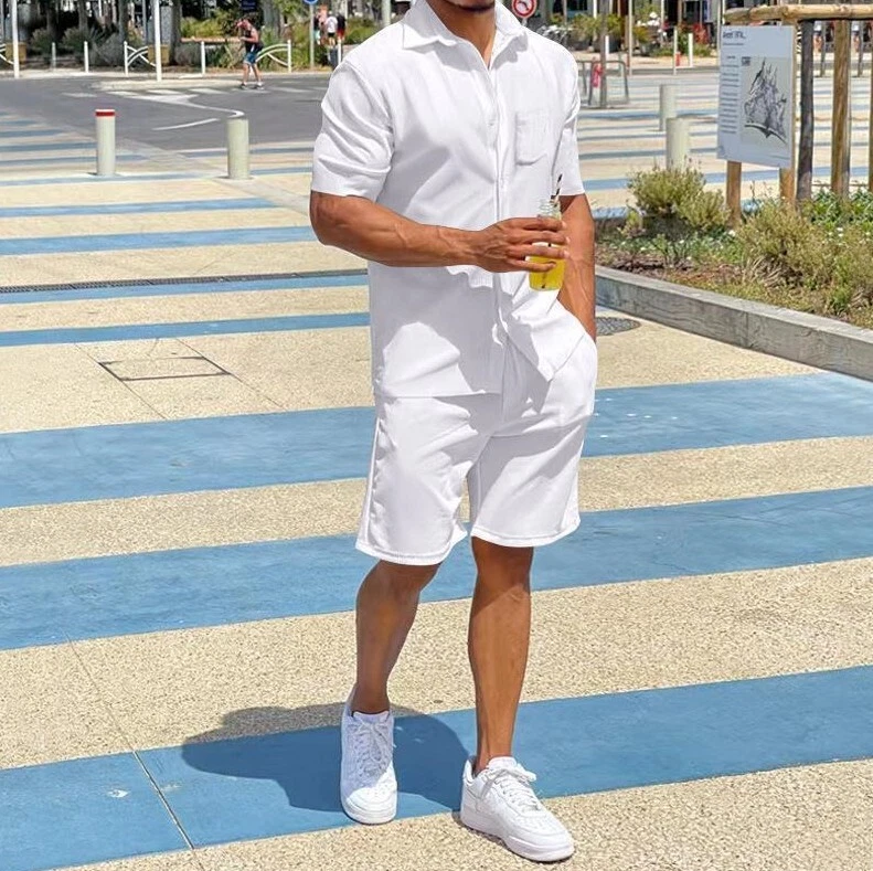 New Men's Luxury Linen Casual Walking Shirt w/ Shorts 2pc Set