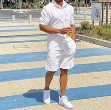 New Men's Luxury Linen Casual Walking Shirt w/ Shorts 2pc Set