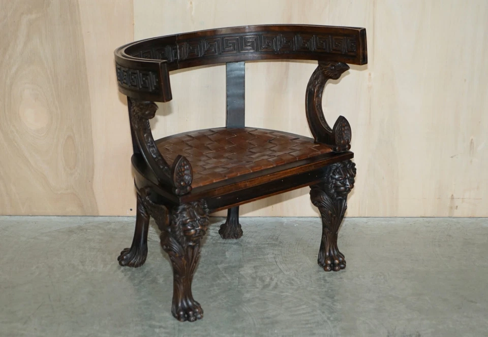 PAAR WICHTIGE ORIGINAL ANTIKE KLISMOS SESSEL GESCHNITZT LÖWEN GEFLOCHTEN LEDER - Bild 2 von 4